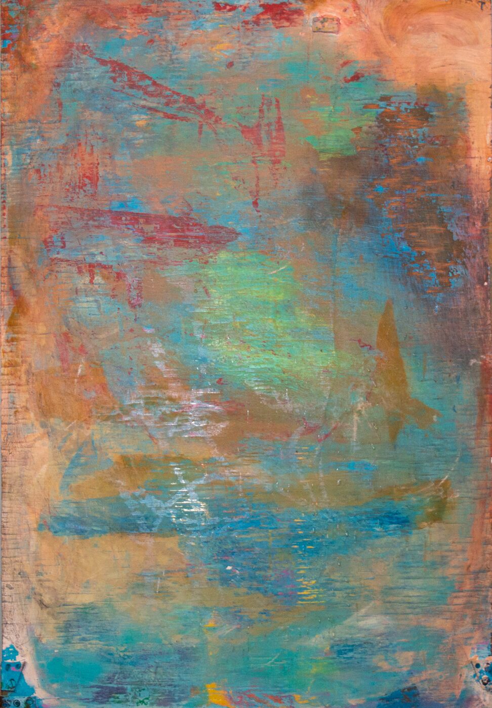 Oil painting with teal, copper, and red tones. Weathered palimpsest quality with layers visible through scraping and erasure.