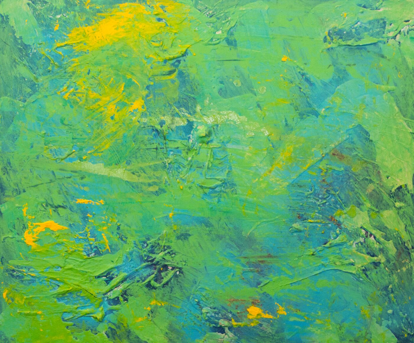 Square-format oil painting in vivid green with yellow and blue accents. Thick gestural application.