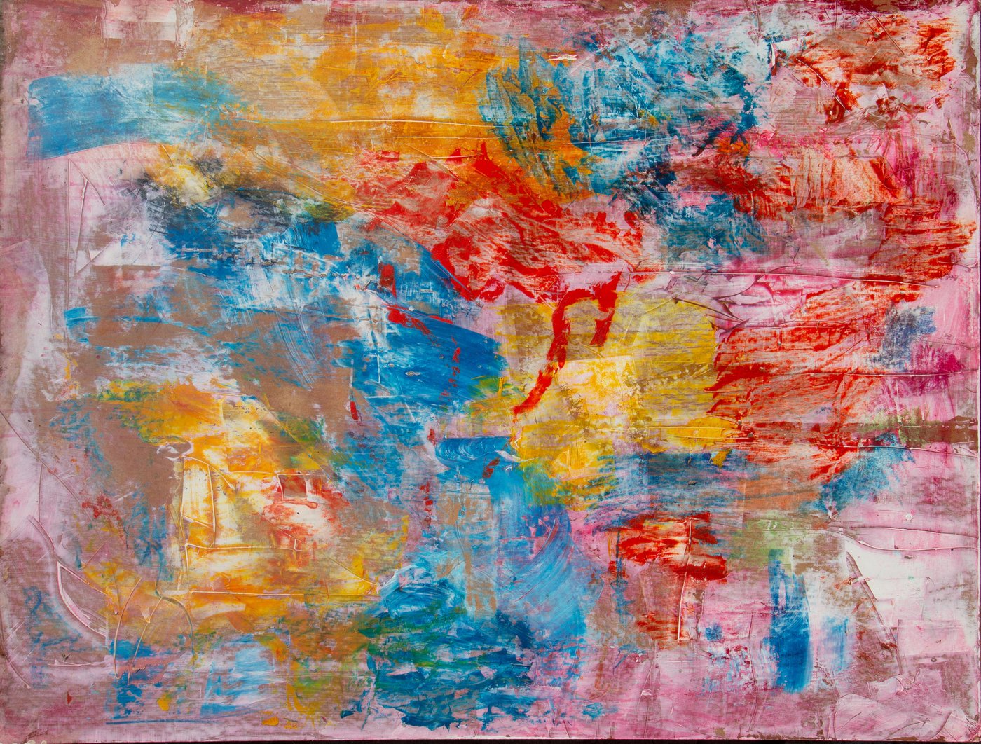 Large landscape painting. Gestural abstraction in pink, blue, ochre, and red; heavily scraped and worked surface.