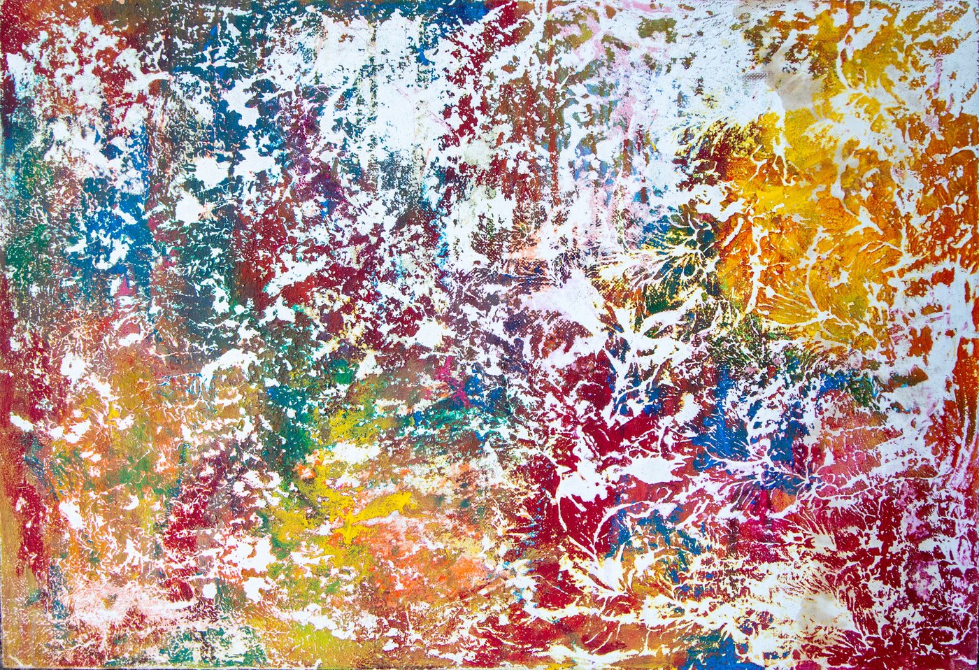Large landscape painting. Splatter and transfer print in blues, reds, yellows, and greens over a white ground.