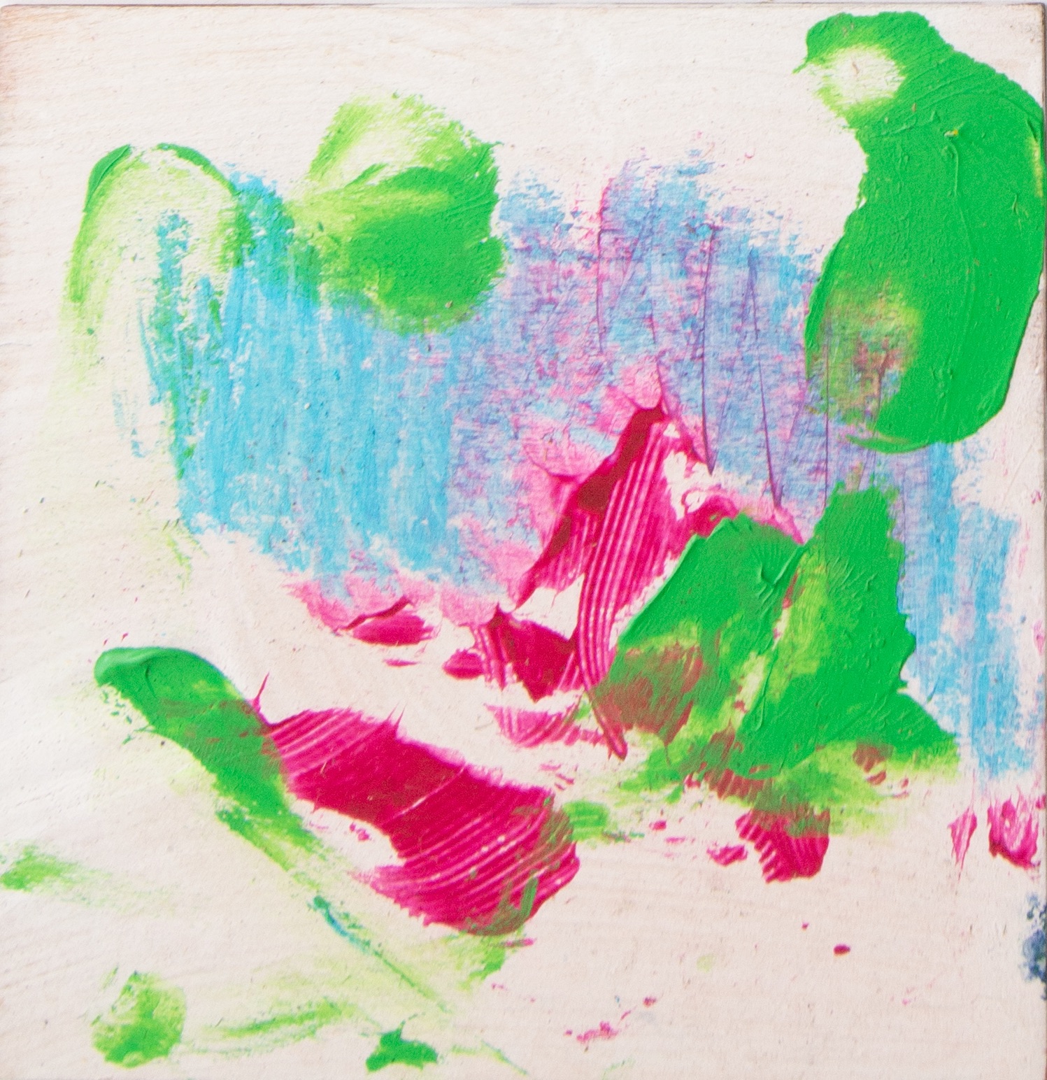 Pixel 50 (2026) — 7.6 × 7.6 cm, mixed media on wooden board, square format. One panel in the Pixels series, which treats each board as a single sample of chromatic information — a pixel of paint. Dominant hue: pale green (RGB ~167,215,186). Numbered continuation of the series; #50 of an ongoing run.