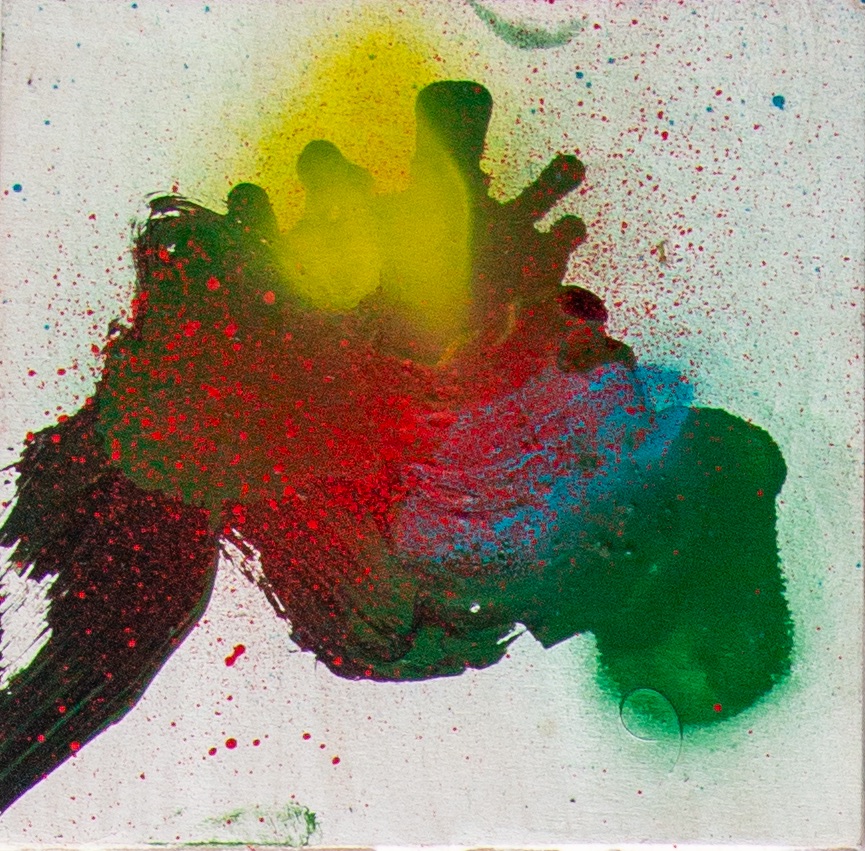 Pixel 54 (2026) — 7.6 × 7.6 cm, mixed media on wooden board, square format. One panel in the Pixels series, which treats each board as a single sample of chromatic information — a pixel of paint. Dominant hue: deep green (RGB ~35,62,33). Numbered continuation of the series; #54 of an ongoing run.