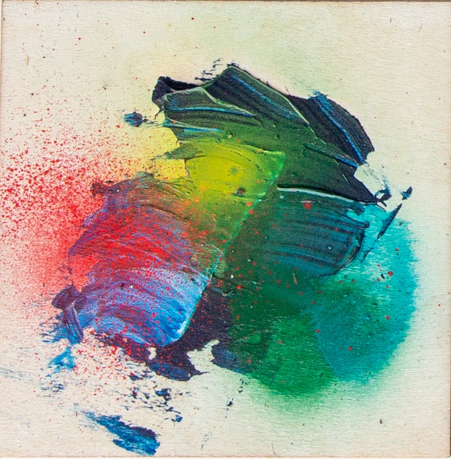 Pixel 56 (2026) — 7.6 × 7.6 cm, mixed media on wooden board, square format. One panel in the Pixels series, which treats each board as a single sample of chromatic information — a pixel of paint. Dominant hue: muted teal (RGB ~77,113,102). Numbered continuation of the series; #56 of an ongoing run.