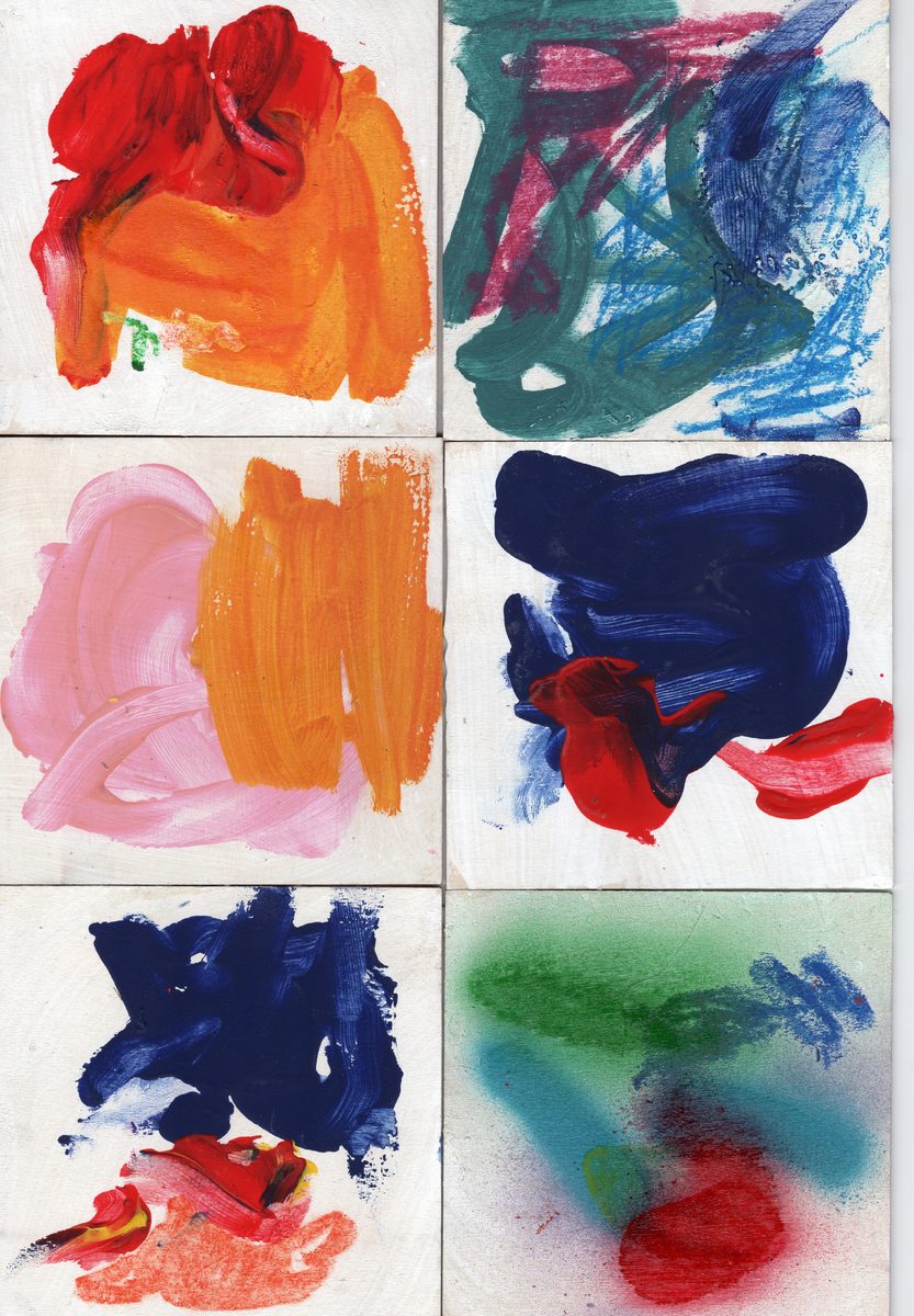 Six small-format oil paintings on white board. Gestural strokes in yellow, orange, red, green, blue, pink. Each canvas a single chromatic event.