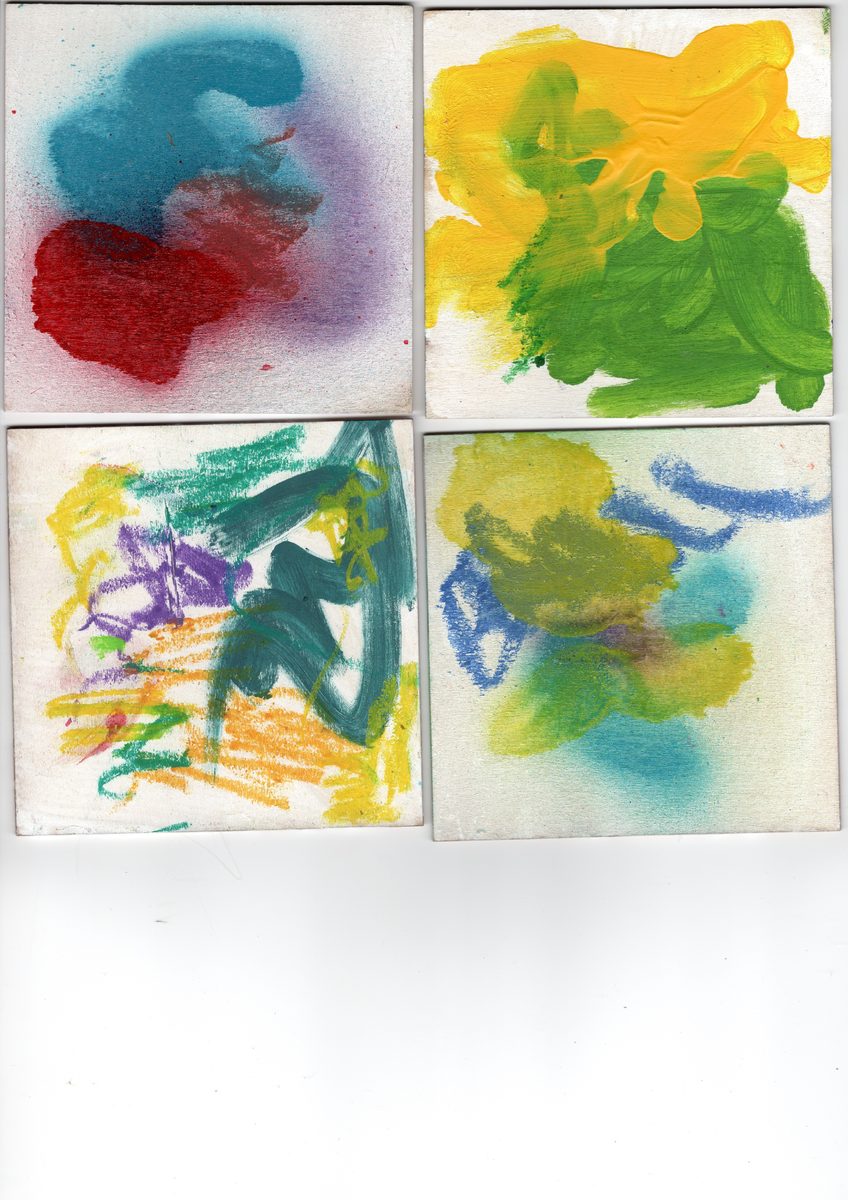 Four small paintings. Teal and red washes, yellow-green impasto, purple and orange scrawls, olive and blue layered marks.