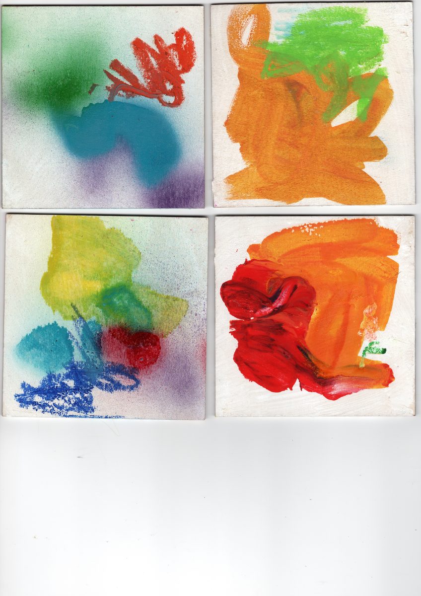 Four small oil paintings on white board. Warm and cool gestural marks, each canvas a single chromatic study.