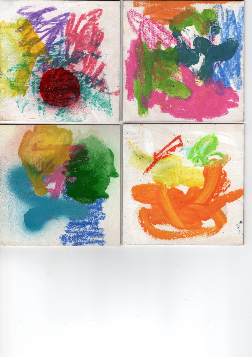 Four small paintings. Dense gestural strokes, colours thickening — orange, green, magenta, blue layered with increasing confidence.