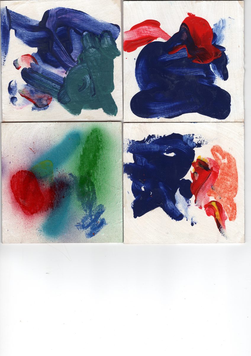 Four small paintings on board. Gestural abstraction, chromatic weight shifting — darker values entering the palette.