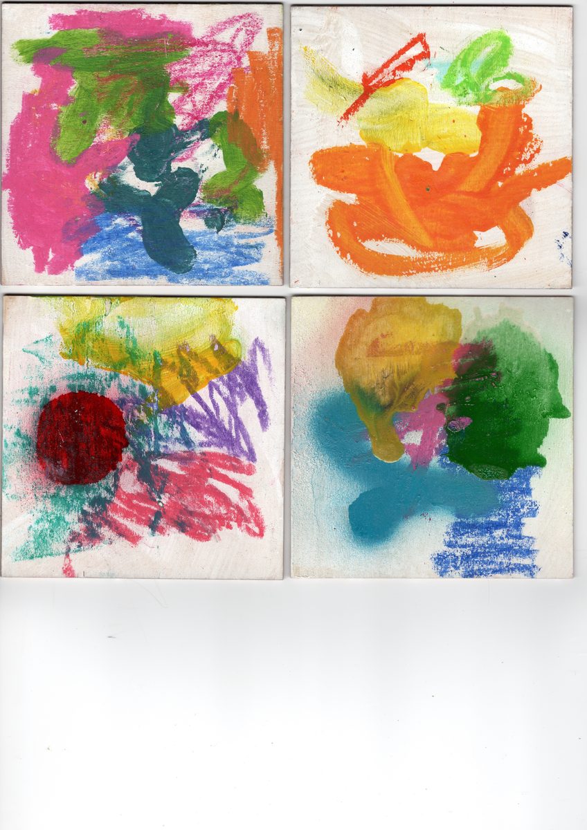 Four small paintings. Magenta, teal, orange, red — full-chroma gestures. Dark crimson sphere in one canvas, green masses in another.