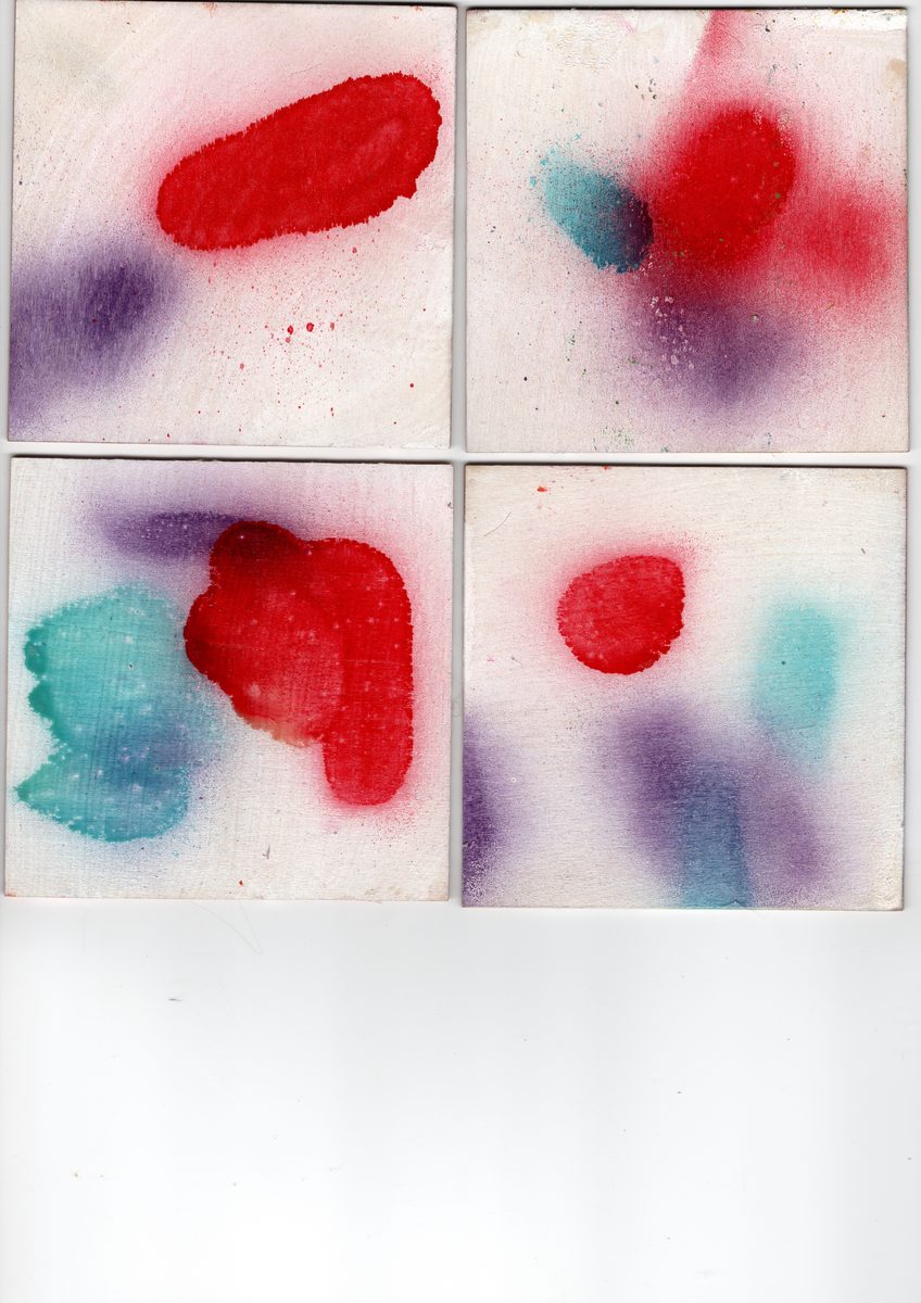 Four small oil paintings on board. Red-orange impasto, teal and blue scrawls, pink and orange sweeps, dark navy with red accent.