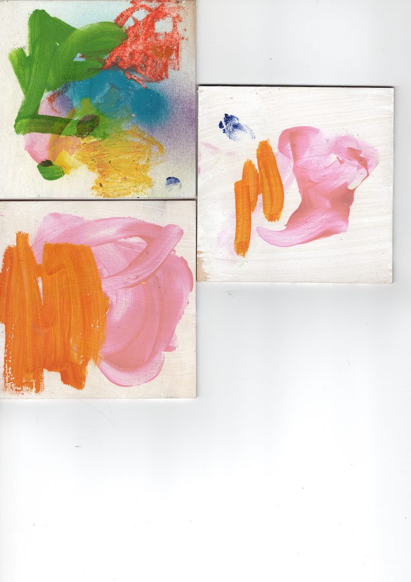 Three small paintings. The palette narrowing — teal-green dominant, warm accents receding. Series approaching convergence.