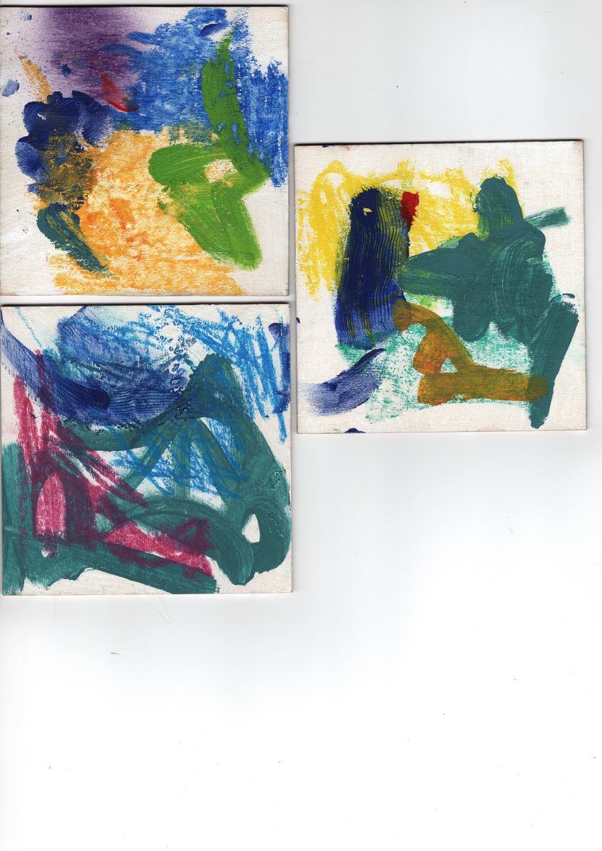 Three small paintings. Cool greens and warm yellows, purple accents. Mark-making becoming more architectural.