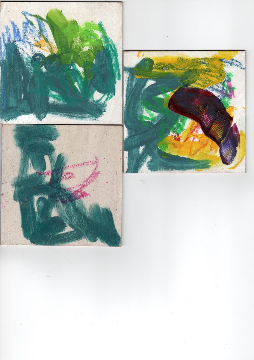 Three small paintings. Teal-green gestural masses with pink and yellow accents. Final entries in the series — the distribution settling.