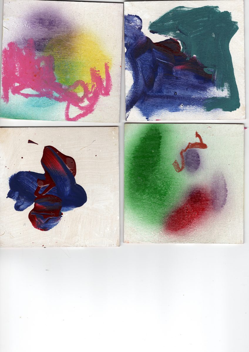 Four small oil paintings. Blue-navy masses, green diffuse washes, warm yellow-orange gestures on white ground.