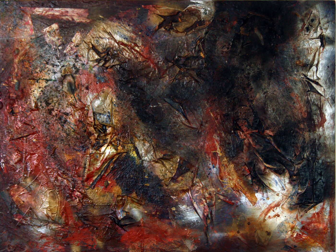 Oil painting on dark ground. Red, black, gold, and silver with heavy mixed-media impasto. Torn and folded material embedded in the surface.