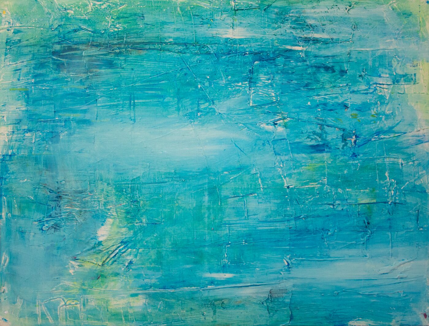 Oil painting in turquoise and cyan with luminous central field. Heavily scraped surface with visible underpainting.