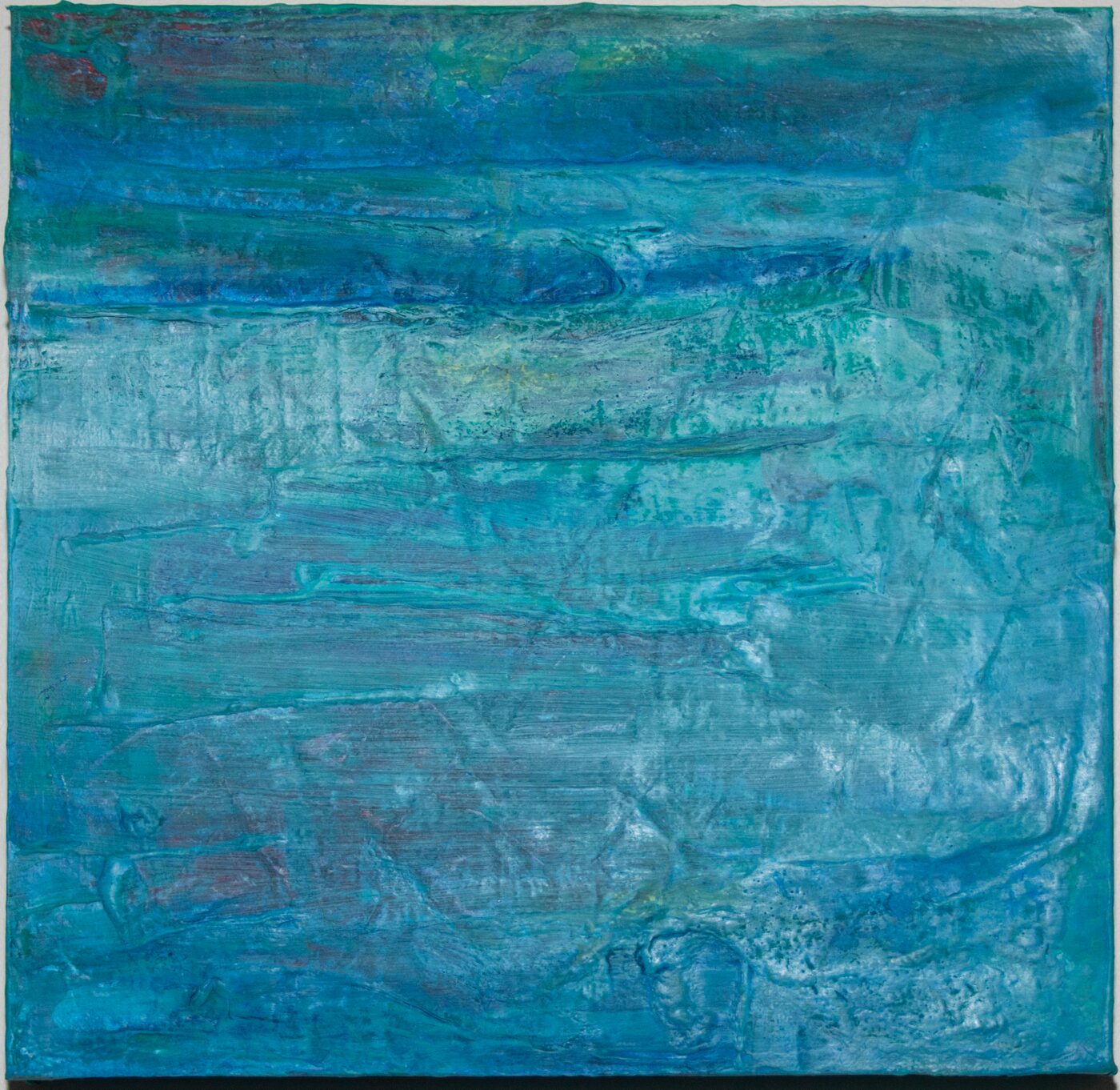 Square-format oil painting in deep cerulean and teal blue. Horizontal layering with emerging pink and green undertones.