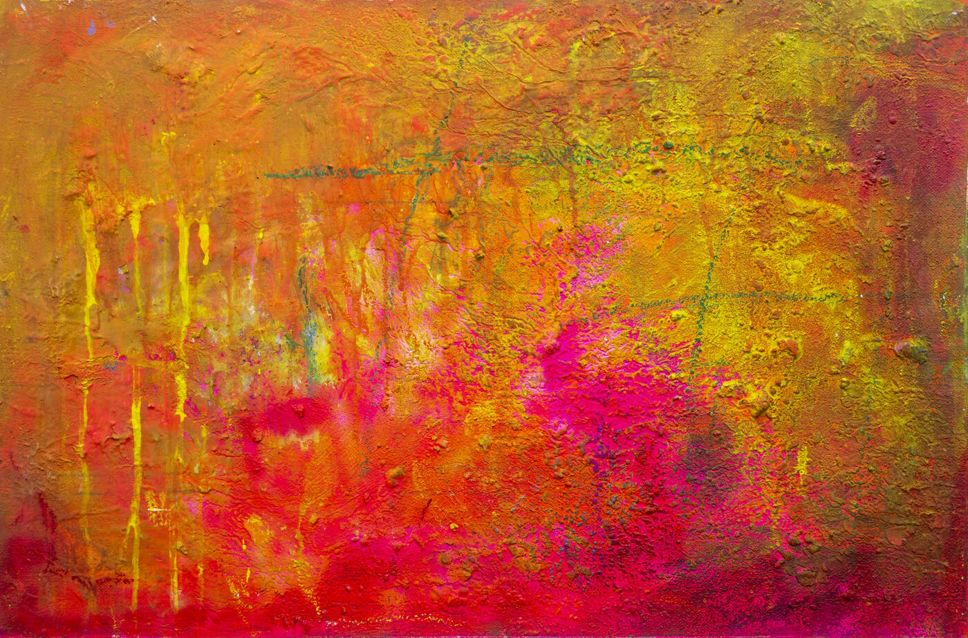 Oil painting in gold, orange, magenta, and pink with heavy textural impasto. Yellow drips cascade from the left edge.