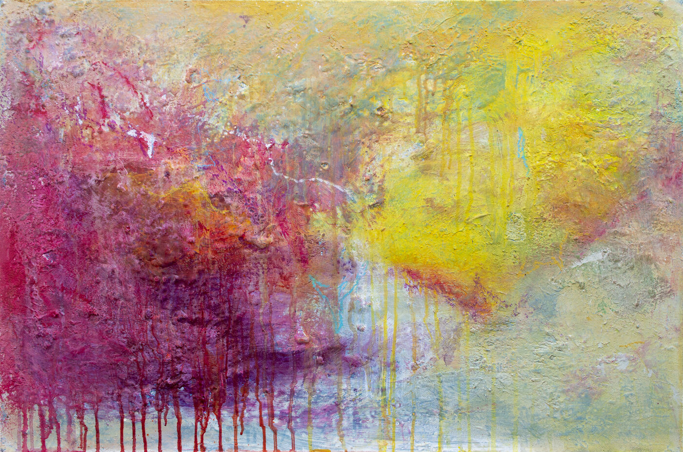 Oil painting with pink and magenta masses at left bleeding into yellow at right. Heavy drips in dark purple and yellow.