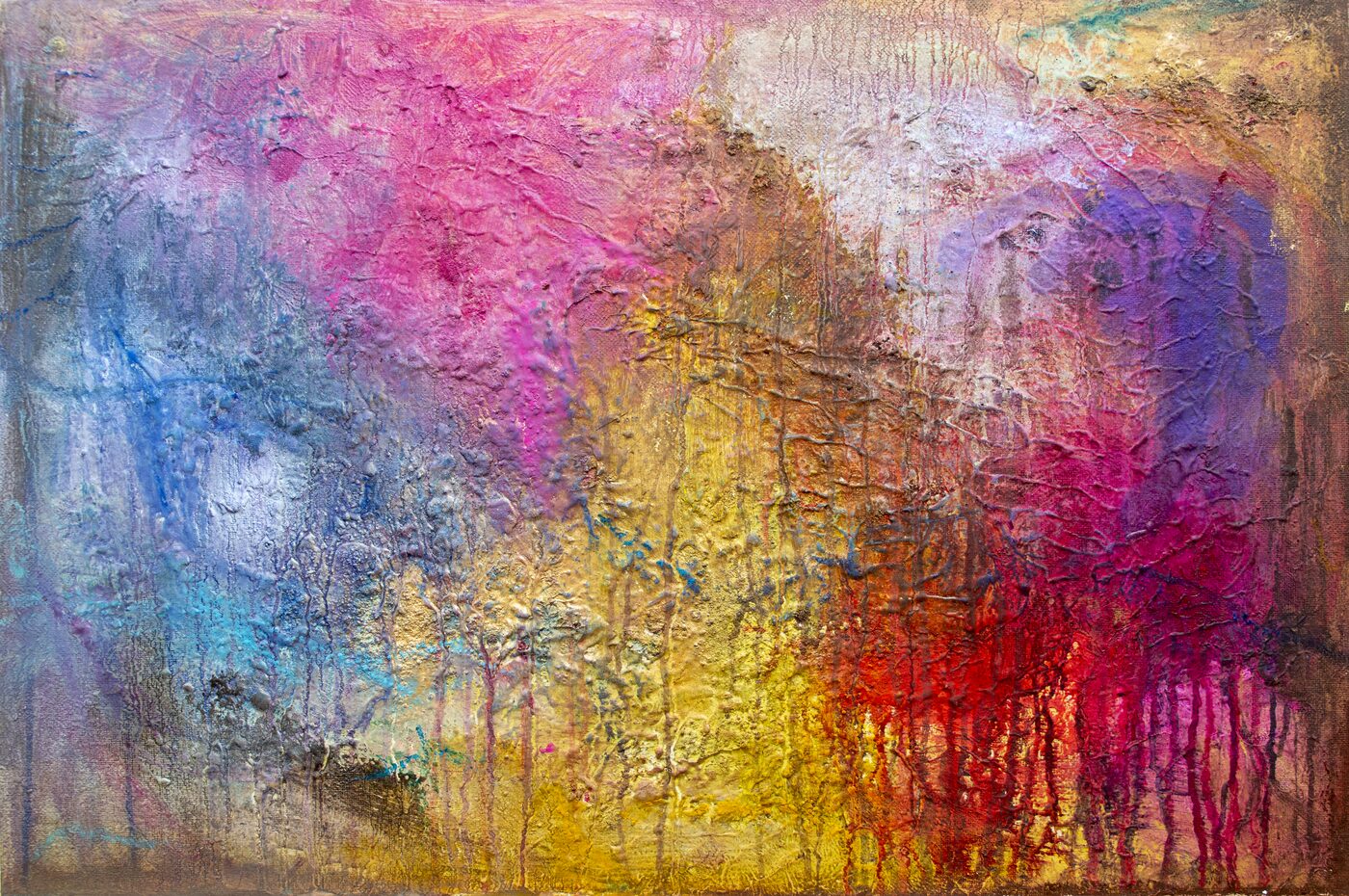 Large-scale oil painting. Dense impasto surface with pink, blue, gold, purple, and red paint applied in heavy gestural strokes with dramatic dripping.