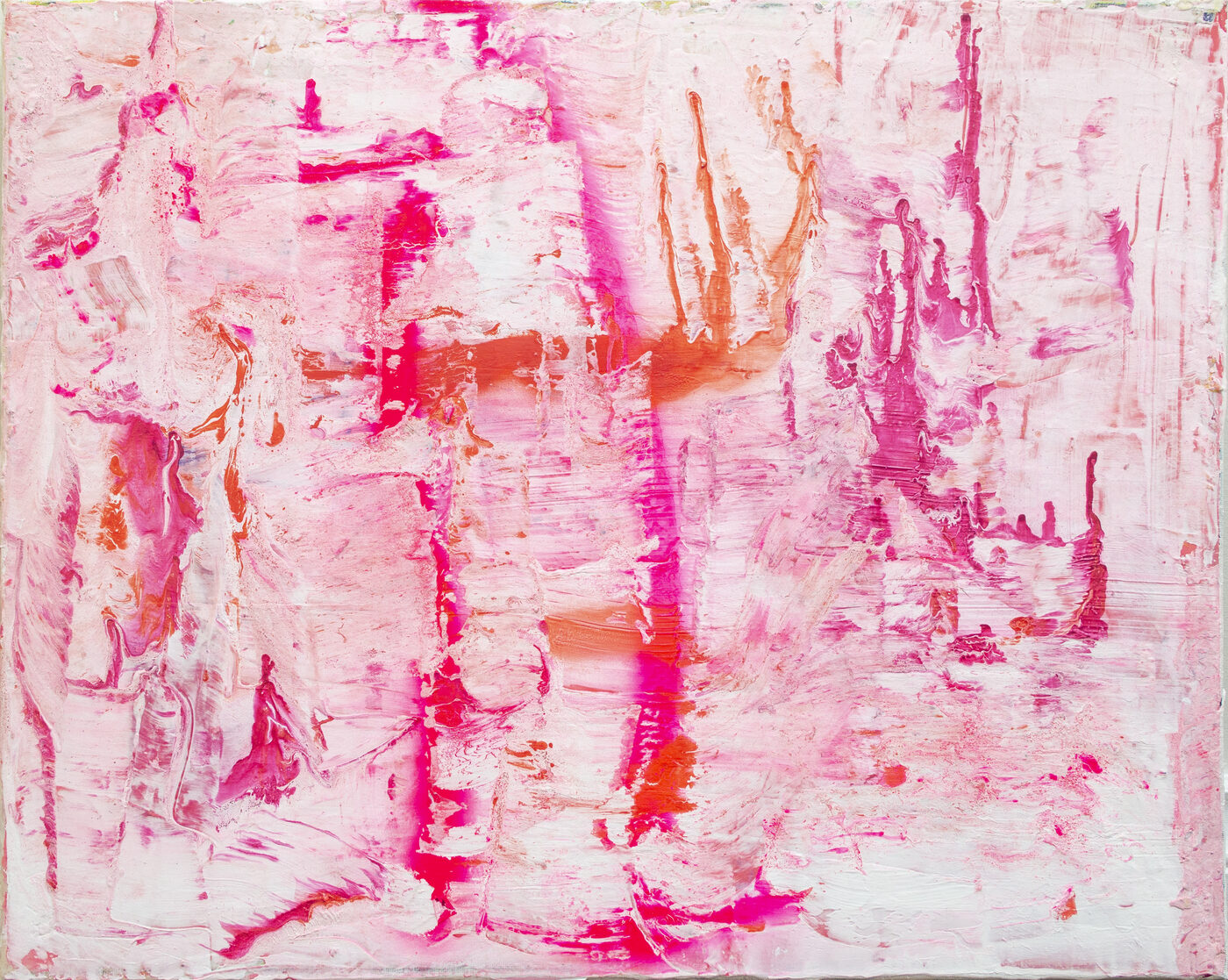 Oil painting in fluorescent pink, magenta, and orange on white ground. Vertical gestural strokes with areas of heavy scraping.