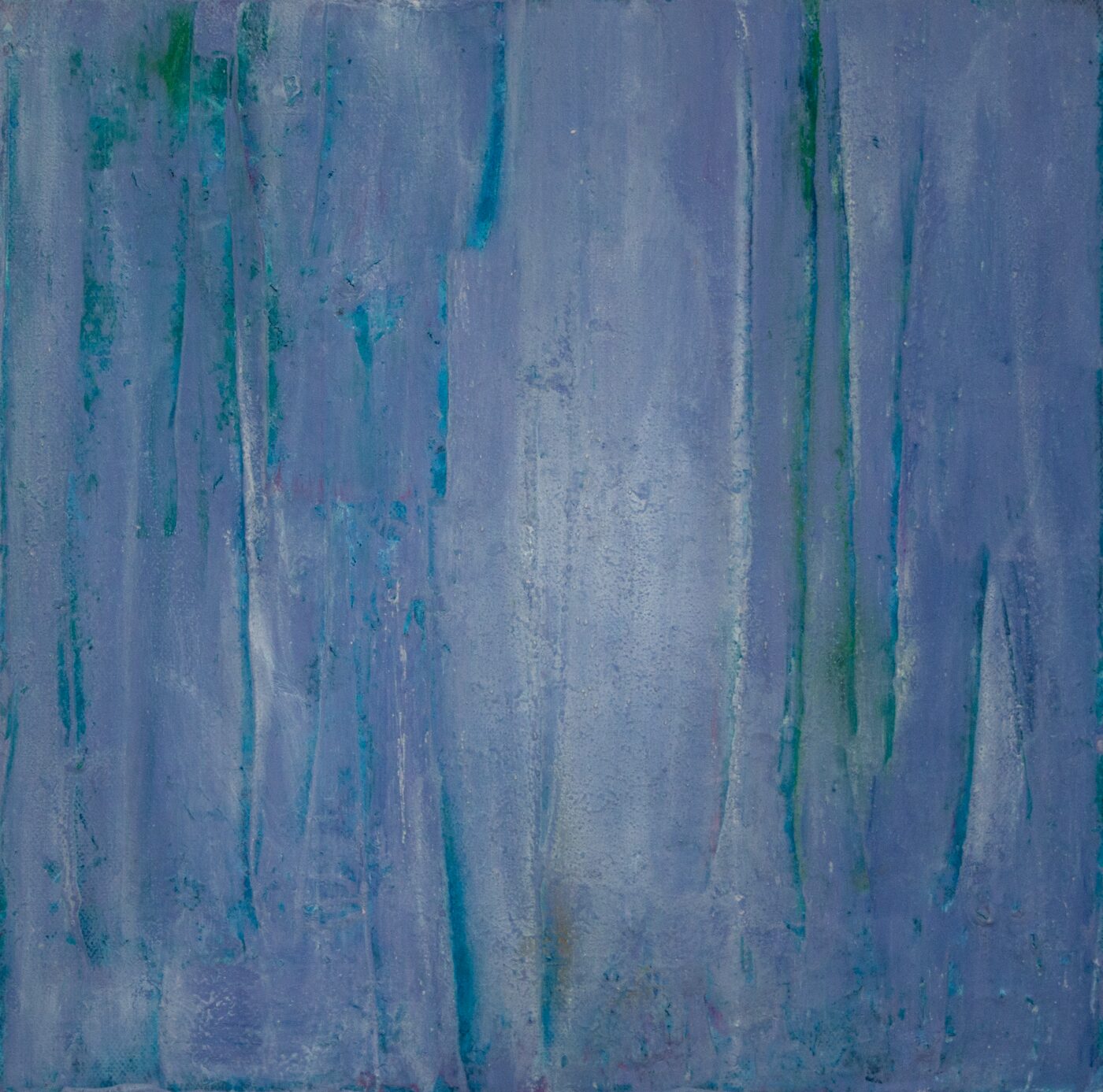 Square-format oil painting in blue-purple and lavender. Vertical emphasis with teal undertones. Restrained, meditative.