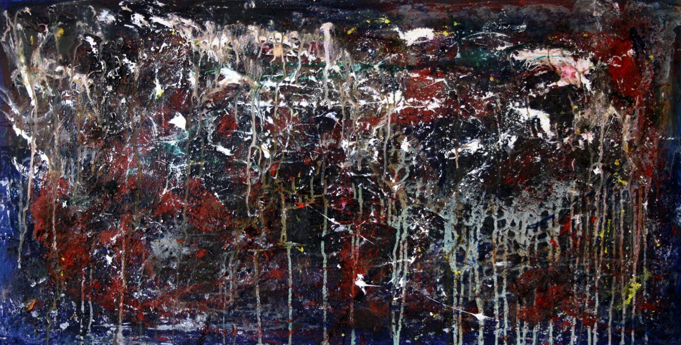 Large-scale oil painting on dark ground. Explosive white marks against deep black, red, and dark green.