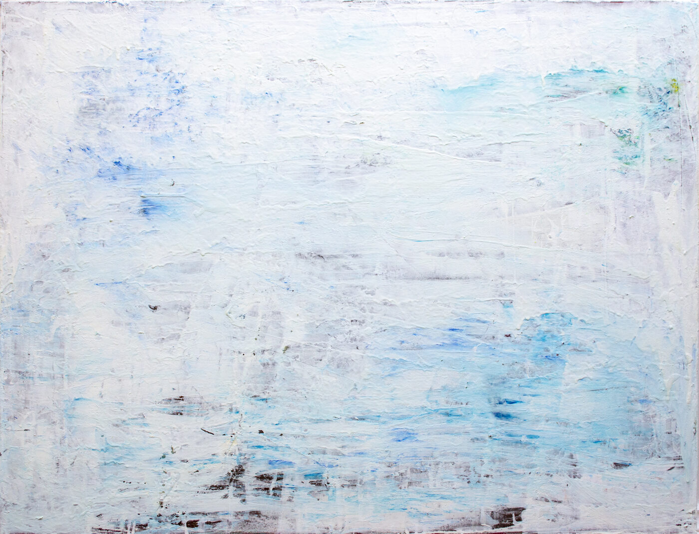 Oil painting in white and pale blue with subtle grey undertones. Atmospheric, restrained. Black marks at the lower edge.