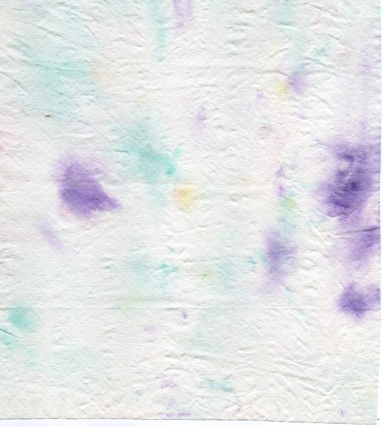 Watercolour on textured paper. Purple and teal washes with lavender accents on creased white paper.