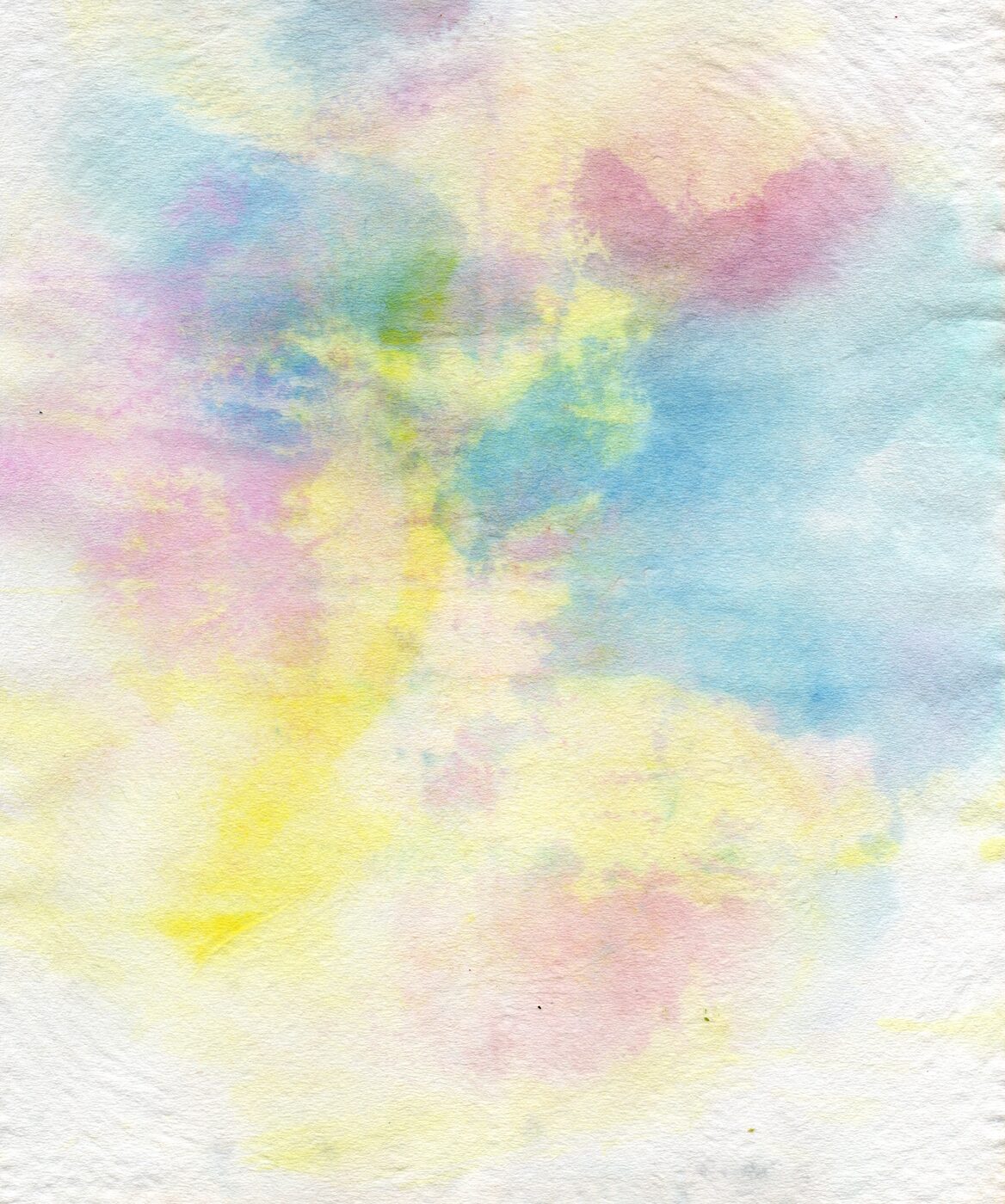 Watercolour on textured paper. Pink, blue, and yellow washes blending softly. Ethereal.