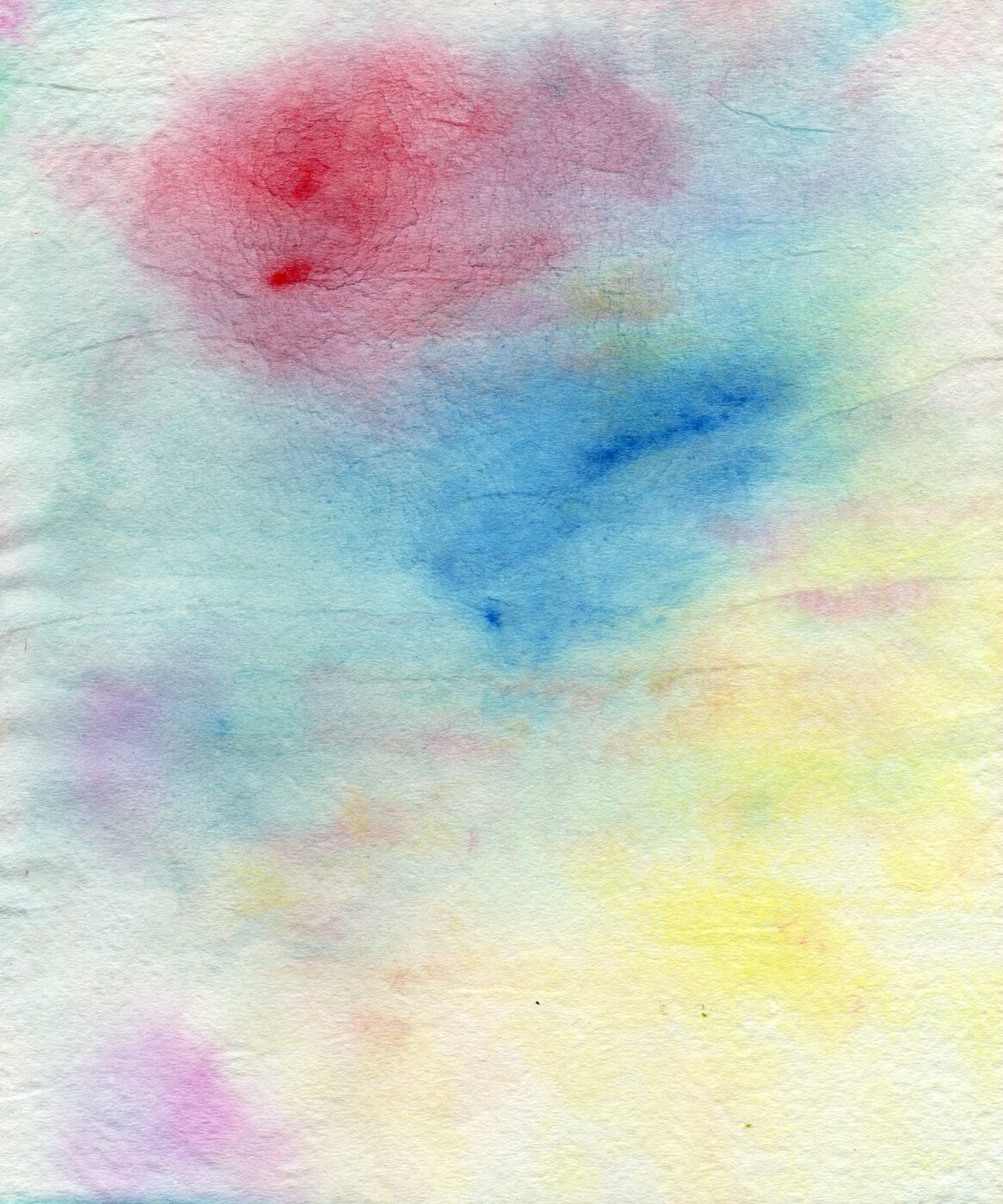 Watercolour on textured paper. Red-pink sphere at upper left, blue washes at centre, yellow at lower right.