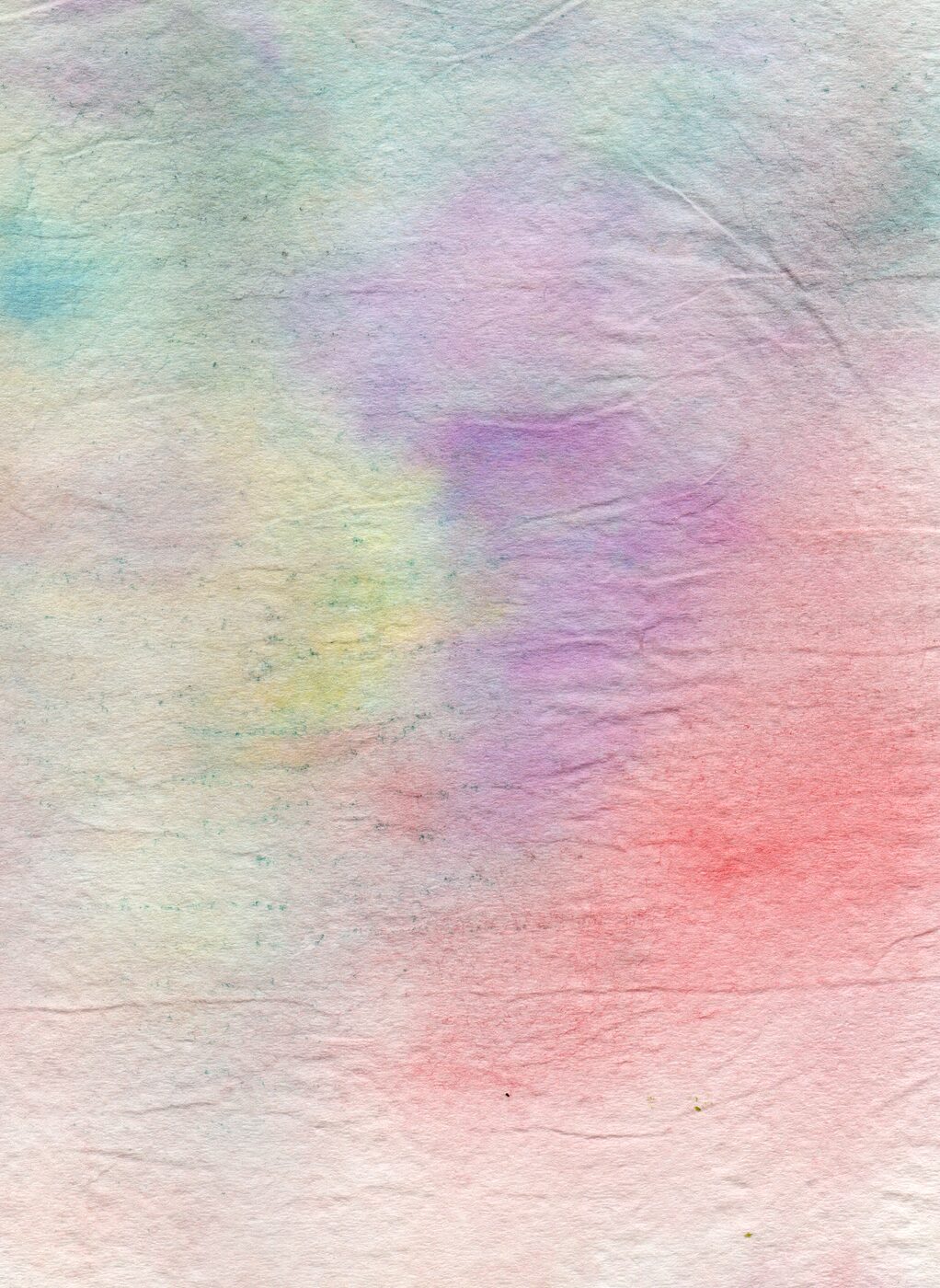 Watercolour on textured paper. Soft atmospheric washes in pink, blue, yellow, and green.