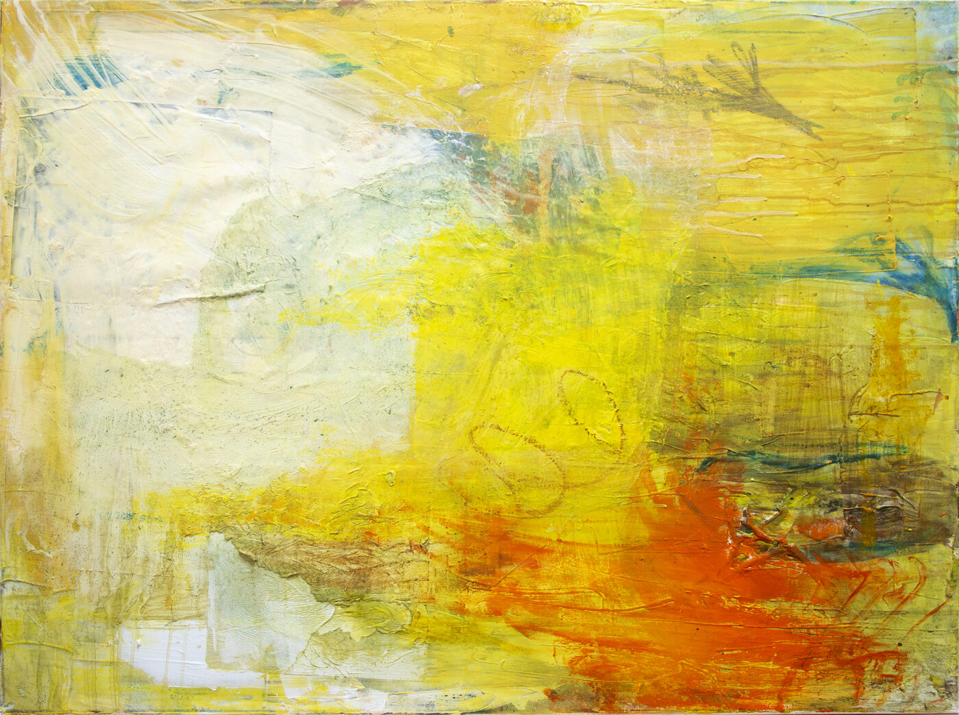 Oil painting in cadmium yellow and white with orange-red mass at lower right. Heavily worked surface.