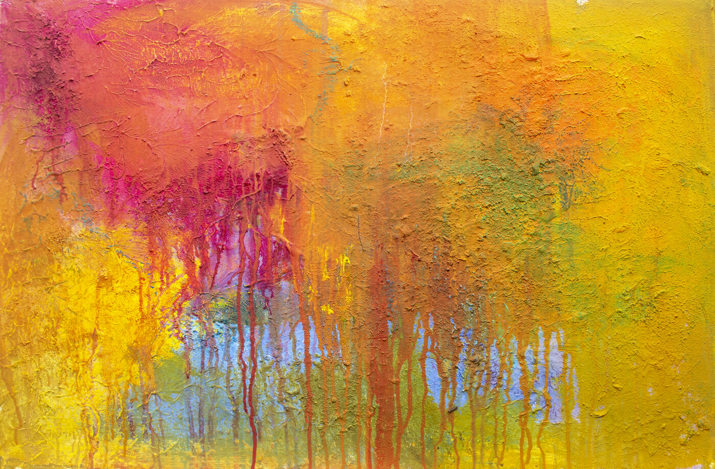 Oil painting dominated by warm yellows and oranges with magenta-pink eruption at upper left. Heavy vertical drips.